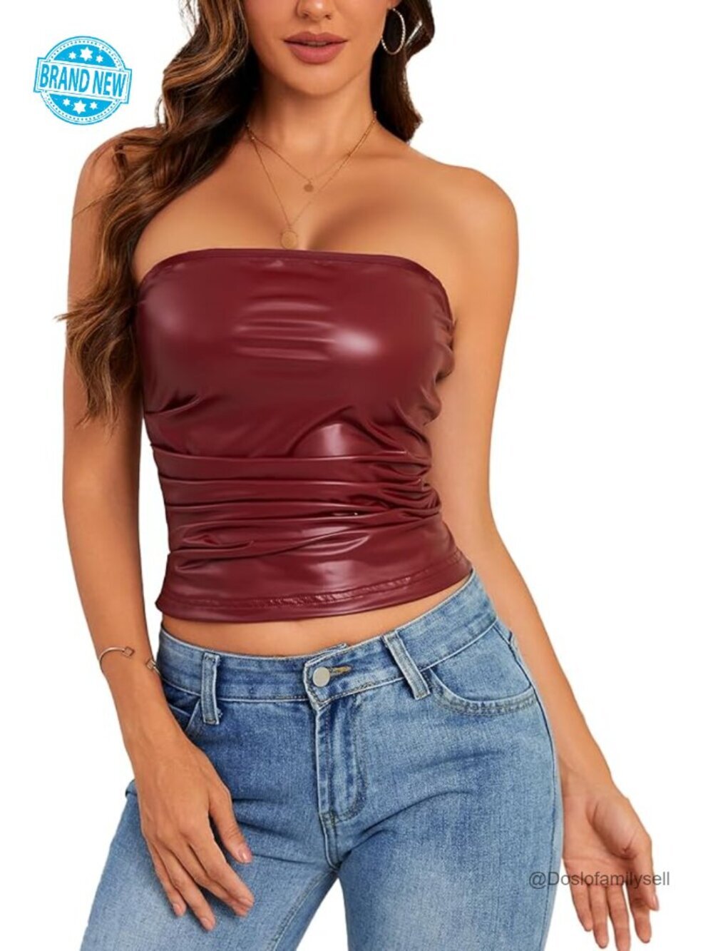 PU Leather Tube Top Strapless Ruched Tank Top Sexy Bandeau Going Out Partywear